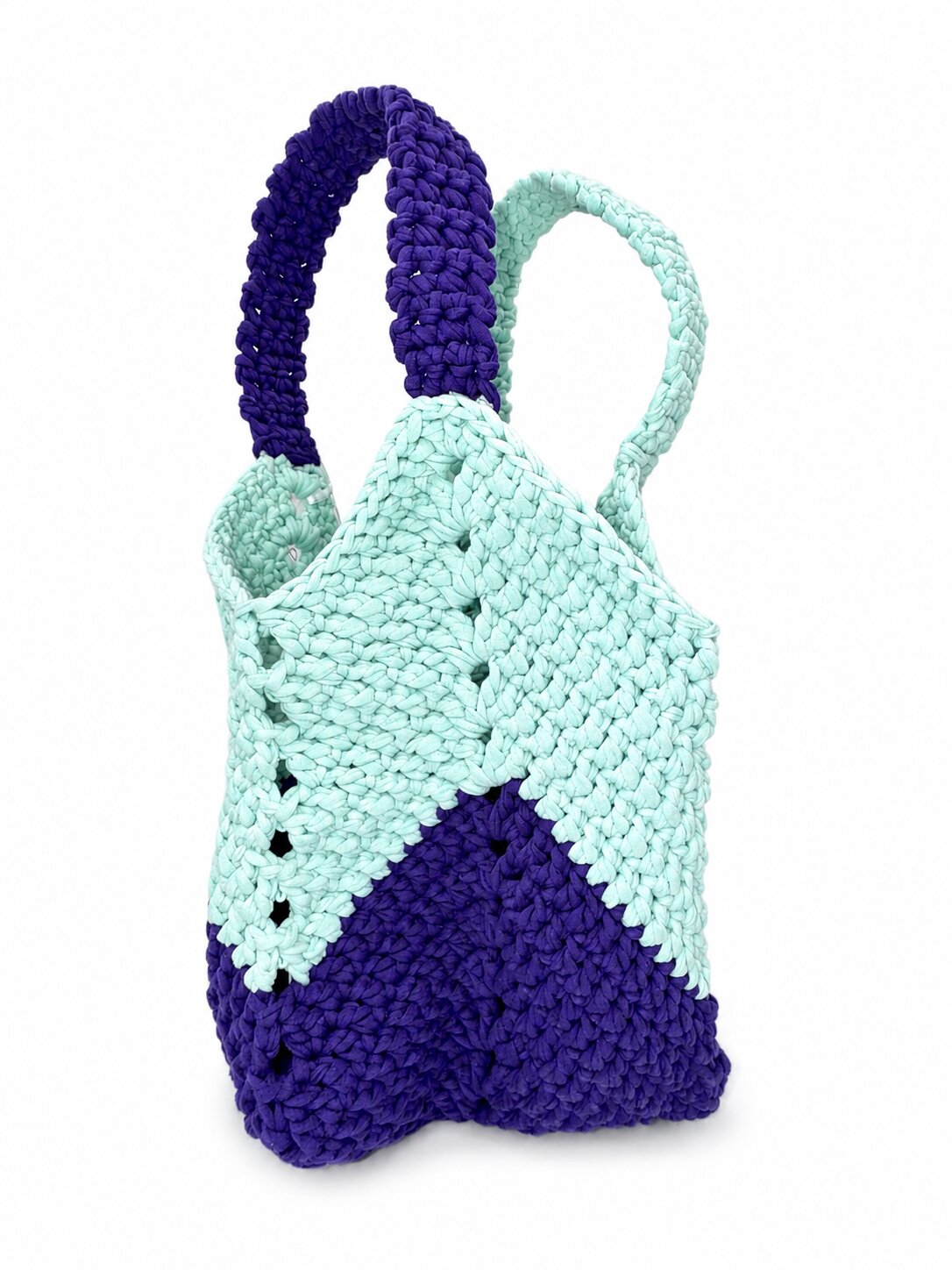Mint & Violet Crochet Tote Bag | Handmade Cotton Tote Bag