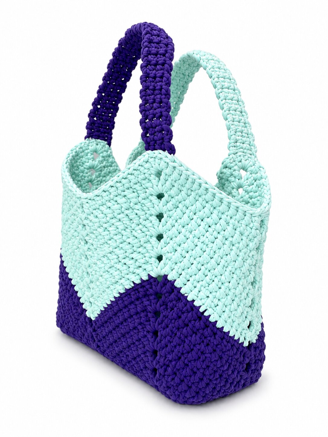 Mint & Violet Crochet Tote Bag | Handmade Cotton Tote Bag